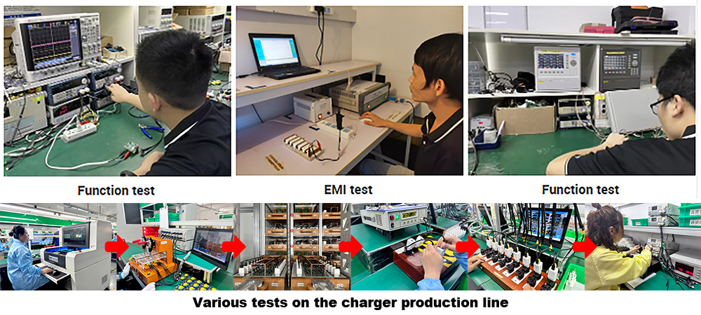 Testing at various points on the charger production line and in the R&D department_