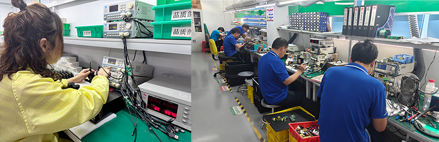 Quality inspectors check for defective products. And abnormal sample testing station - Fault analysis and repair area