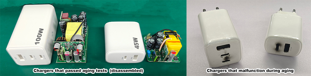 Gan PD Chargers that passed aging tests vs. Gan PD Chargers that malfunction during aging