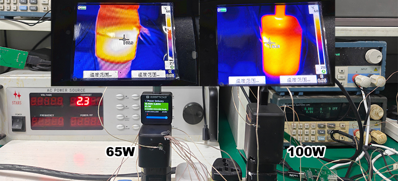 Thermal imaging of a Gan 65W charger and a Gan 100W charger operating at full load
