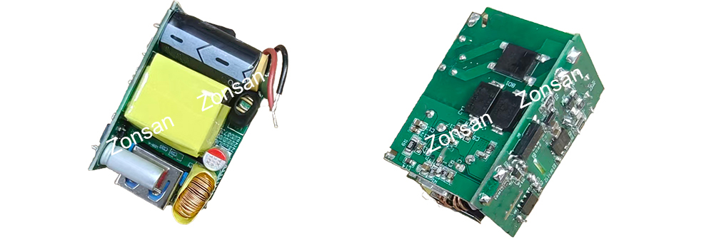 Charger printed circuit boards with thermally conductive pads and insulating materials, transformers, MOSFETs, and capacitors_