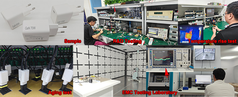 USB-C GaN charger safety and thermal testing in a factory