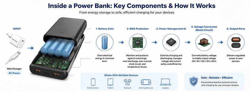 Internal PCB component structure of a power bank