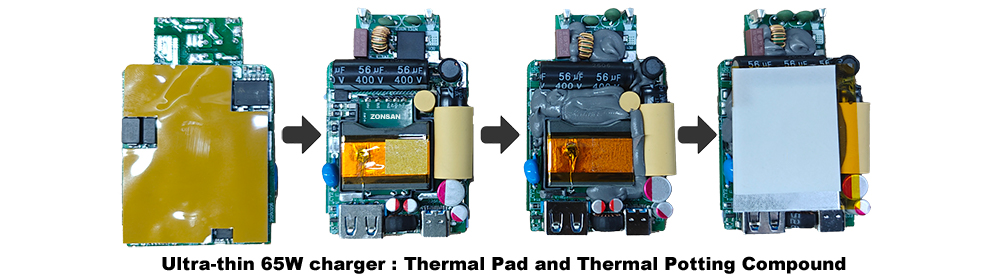 Thermal pads and thermally conductive potting compound were installed between the PCB and the casing