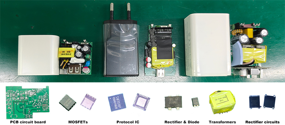 internal PCB of a gallium nitride charger includes the controller IC, MOSFETs, and protection circuitry