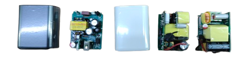 Capacitors, transformers, and power devices on the PCB board of a fast charger