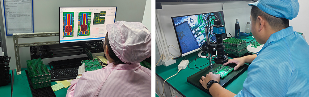 Quality engineers from Zonsan Fast Charger manufacturer inspect faulty charger PCBs under a microscope