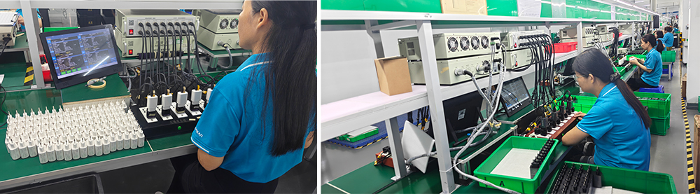 Multiple Functional Testing (FCT) units on the production line are simultaneously testing a 20W and 65W USB-C chargers