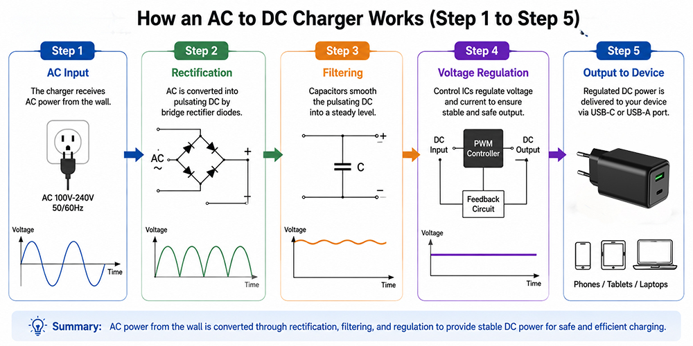 AC power from the wall is converted through rectification, fitering, and regulation to provide stable DC power for safe and efficient charging.