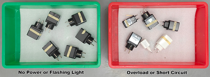 Faulty 20w 30w 65w chargers during aging tests (overload, short circuit, no power, or flashing LED)