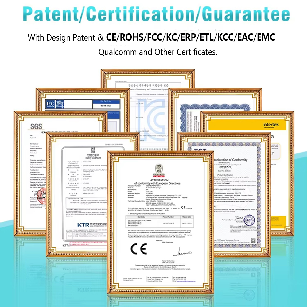 Zonsan Gan chargers meet many international certification standards.