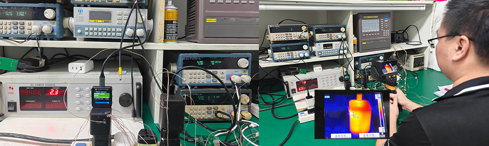 Engineers measure the charger temperature (charger temperature rise test).
