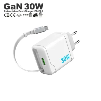 30W Retractable GaN Charger with Cable Dual-Port Travel Portable Fast Charger | ZX-2U129T