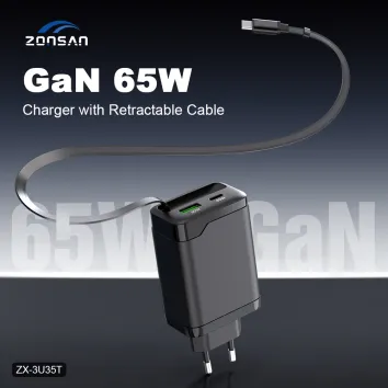 65W USB C Charger Type C Family Design KC CE Retractable Data Cable 65W GaN Fast Charger Adapter for iPhone Samsung Tablet | ZX-3U35T